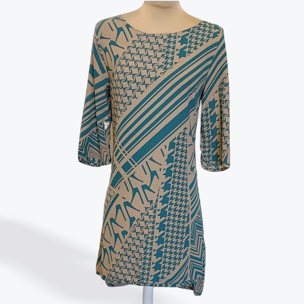 Under Skies Teal Tan Geometric Abstract Print 3/4 Sleeve Full Back Zip Dress S